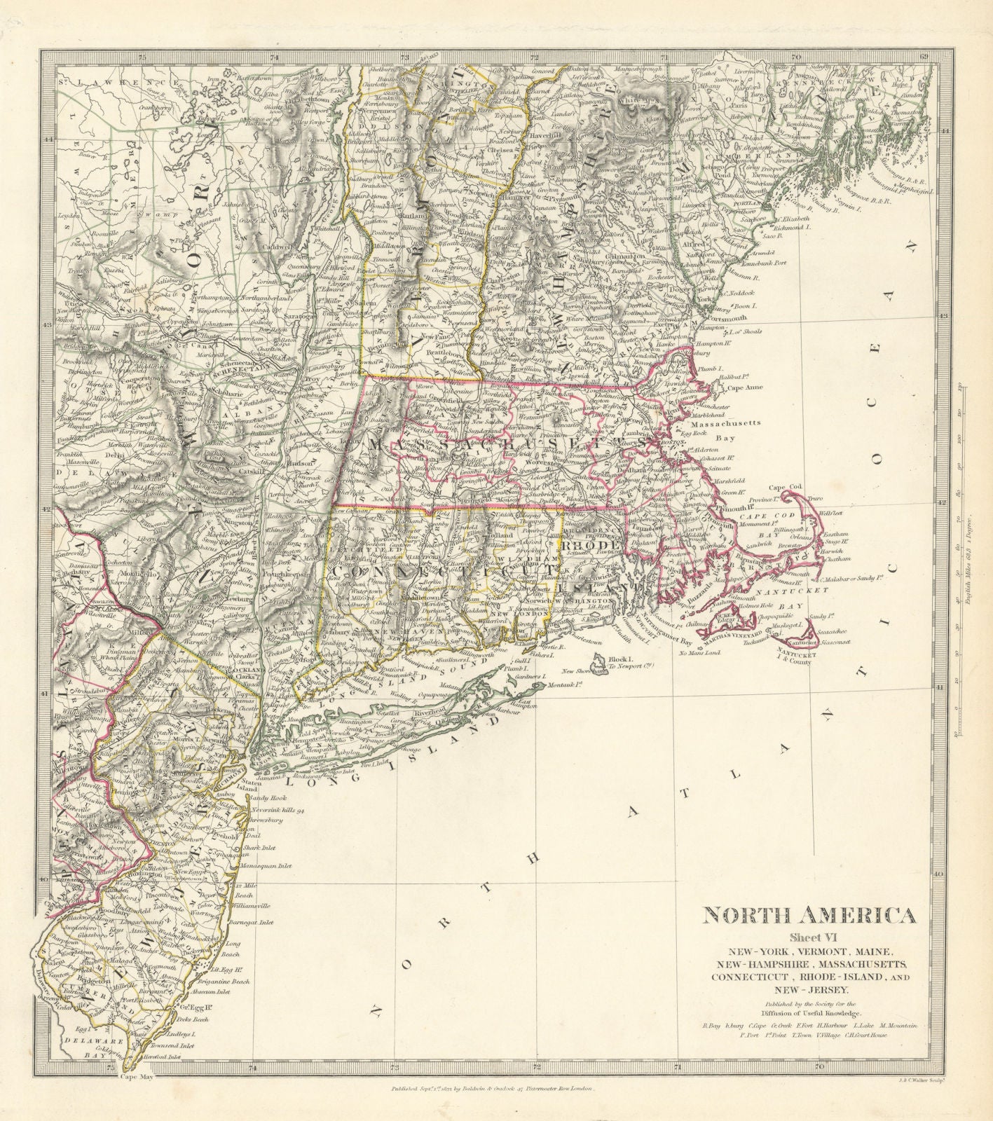 USA.New York Maine Massachusetts Connecticut New Jersey NH RI VT.SDUK 1844 map